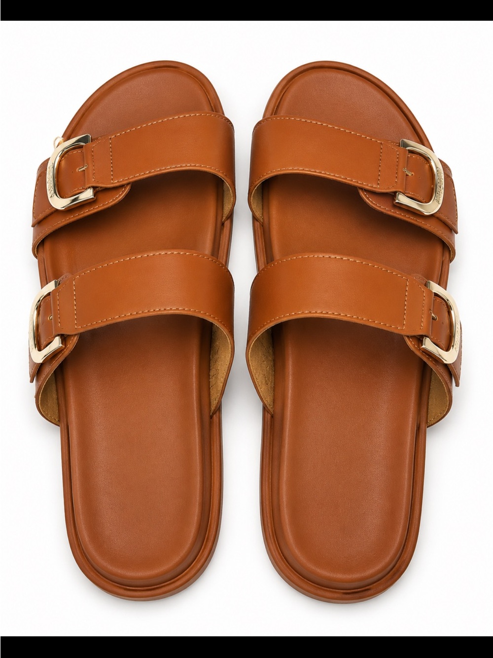 Women’s Double-Buckle Slide Sandals — Tan